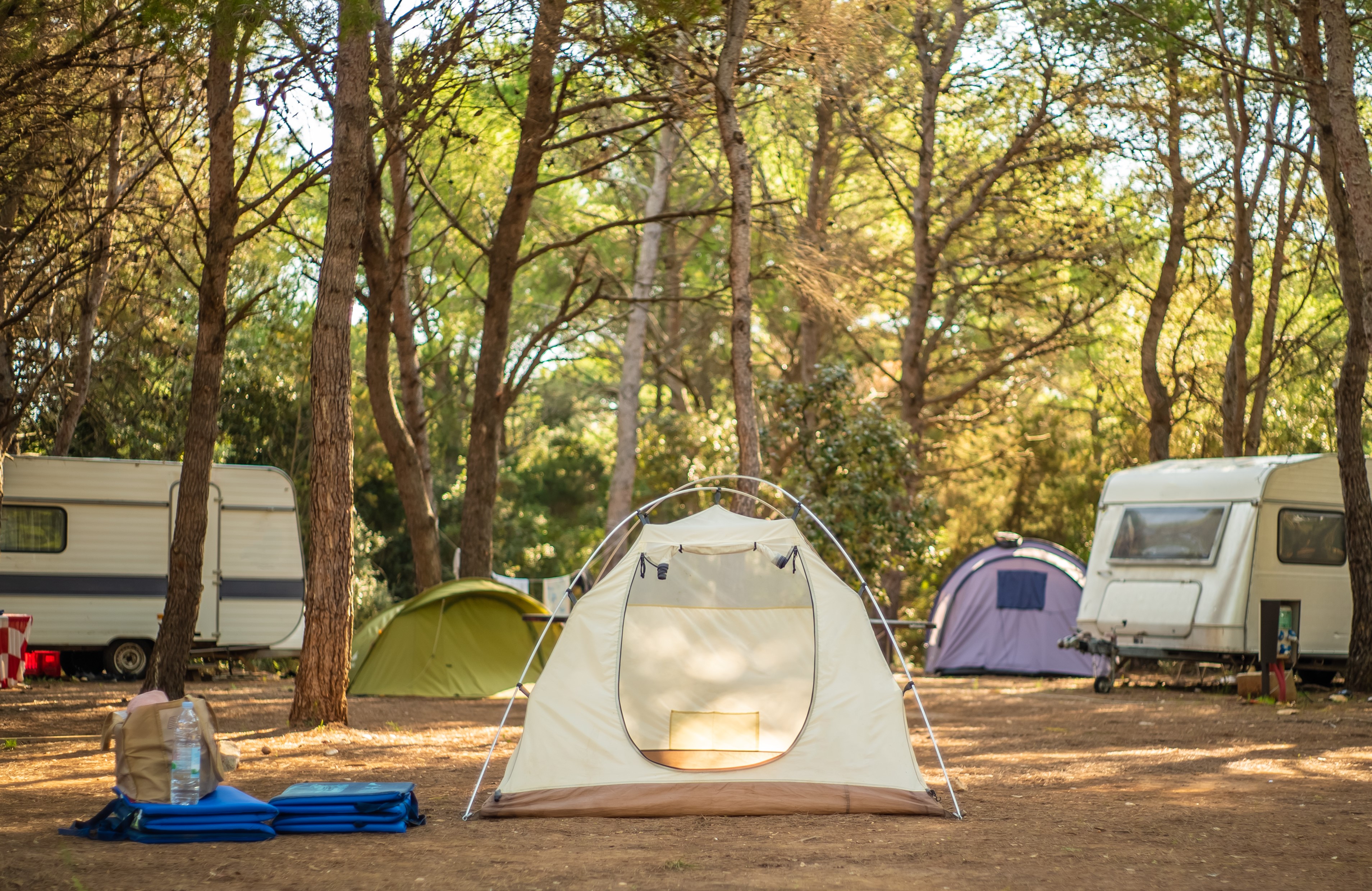 View of a tent in a campground.