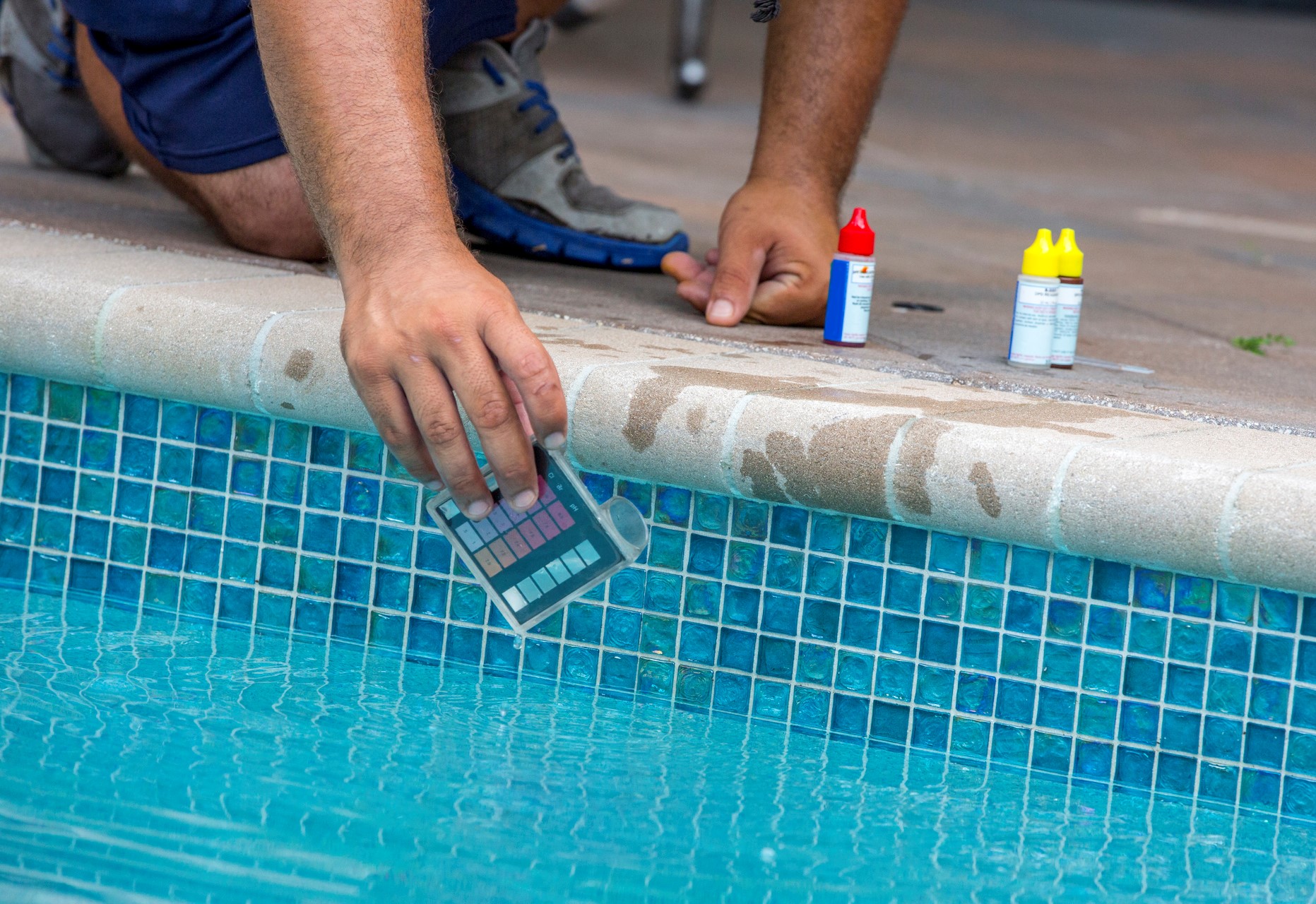 Photo of a technician taking water samples from a swimming pool to ensure public safety.