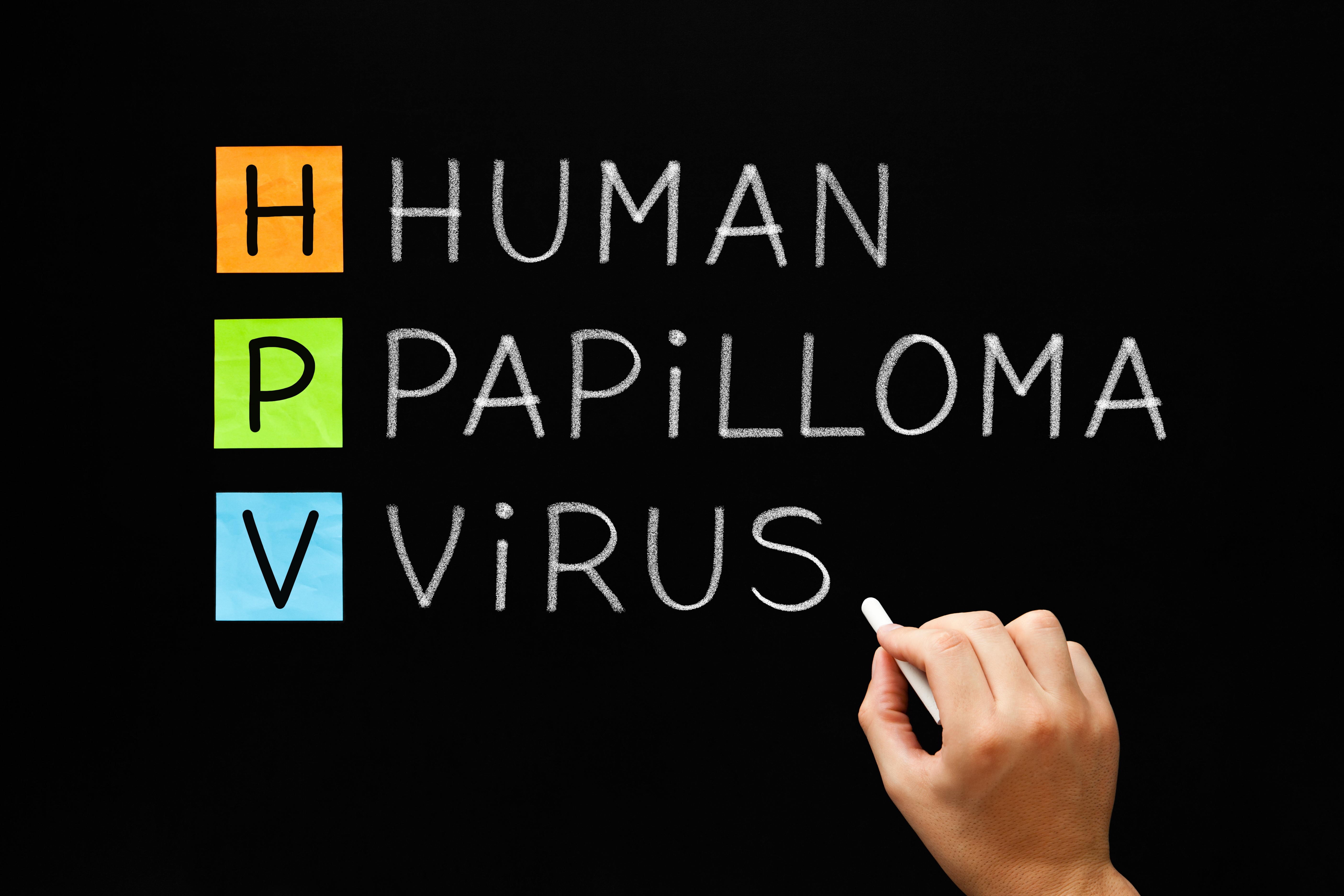 Hand writing HPV - Human Papilloma Virus with white chalk on blackboard.